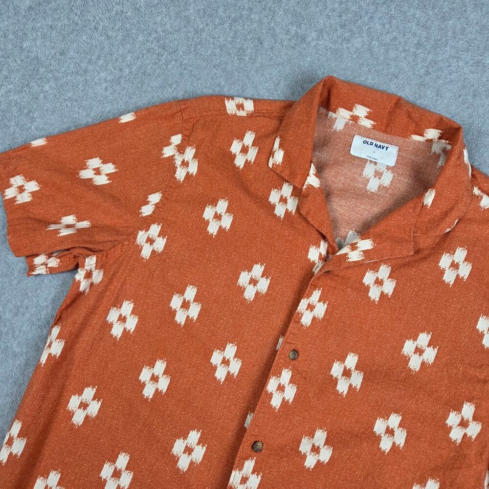 Old Navy Mens Medium Rust-Orange Short Sleeve Camp Shirt White Geometric Pattern